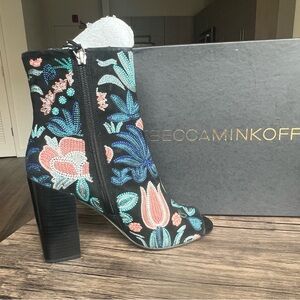 Rebecca Minkoff Black Ankle Peep-Toe Boots with Colorful Floral Embroidery